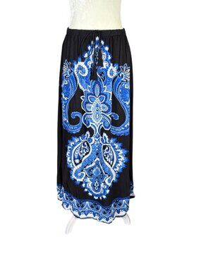 Magic women's blue and black paisley tie front maxi skirt size large